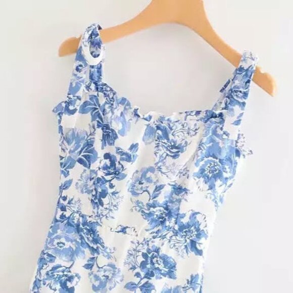 Blue Toile Floral Ruffle Midi Dress by Manu Reformation Nikita Olympia Size 6/S - Picture 7 of 16